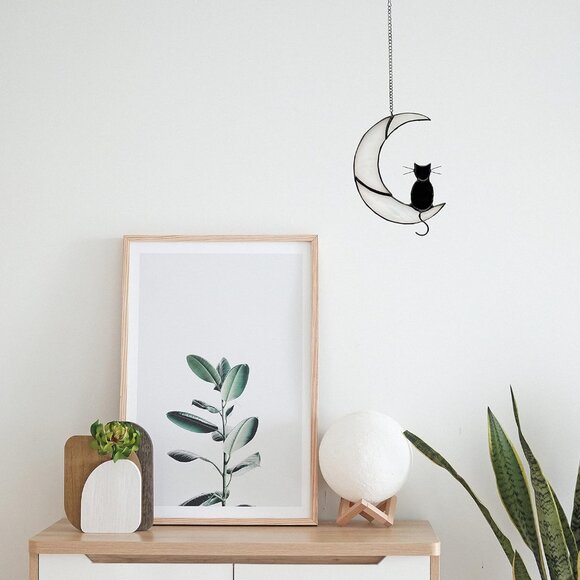 Black Cat Decor On White Moon Stained Glass Window Hanging Suncatcher for Window - Picture 6 of 7